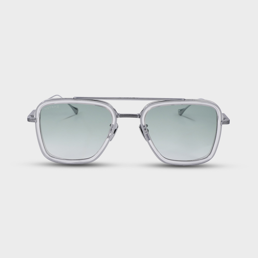 NETRAZ NZ3001 Horizon Crystal Clear Square Aviator Silver Titanium Sunglasses With Clear Frame And Grey-Green Gradient Lens Front View