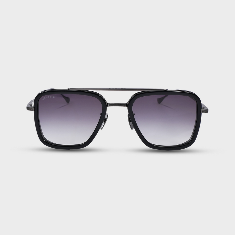NETRAZ NZ3001 Horizon Obsidian Square Aviator Gunmetal Titanium Sunglasses With Black Frame And Smoke Grey Gradient Lens Front View