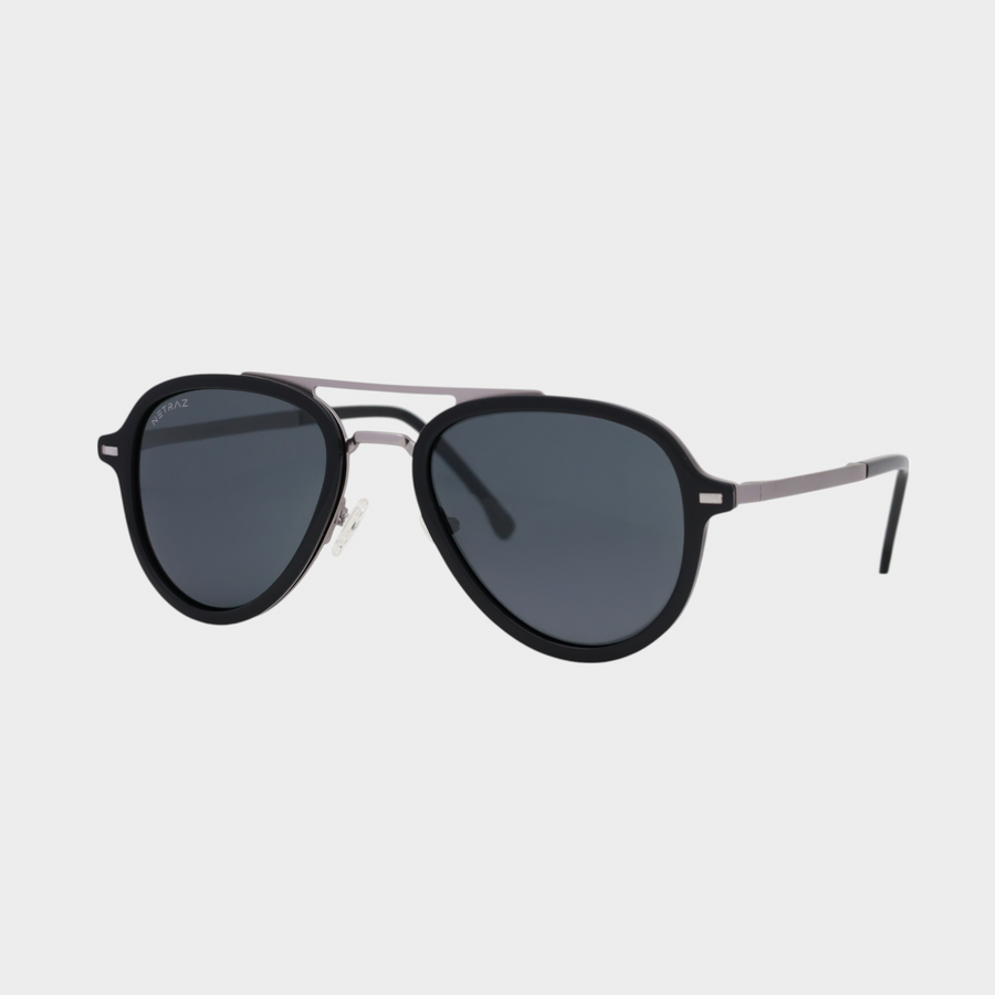 NETRAZ NZ1049 Black Aviator Sunglasses With Pilot Silver And Black Frame And Black Lens Angle View