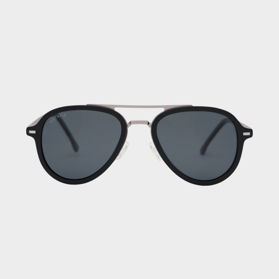 NETRAZ NZ1049 Black Aviator Sunglasses With Pilot Silver And Black Frame And Black Lens Front View