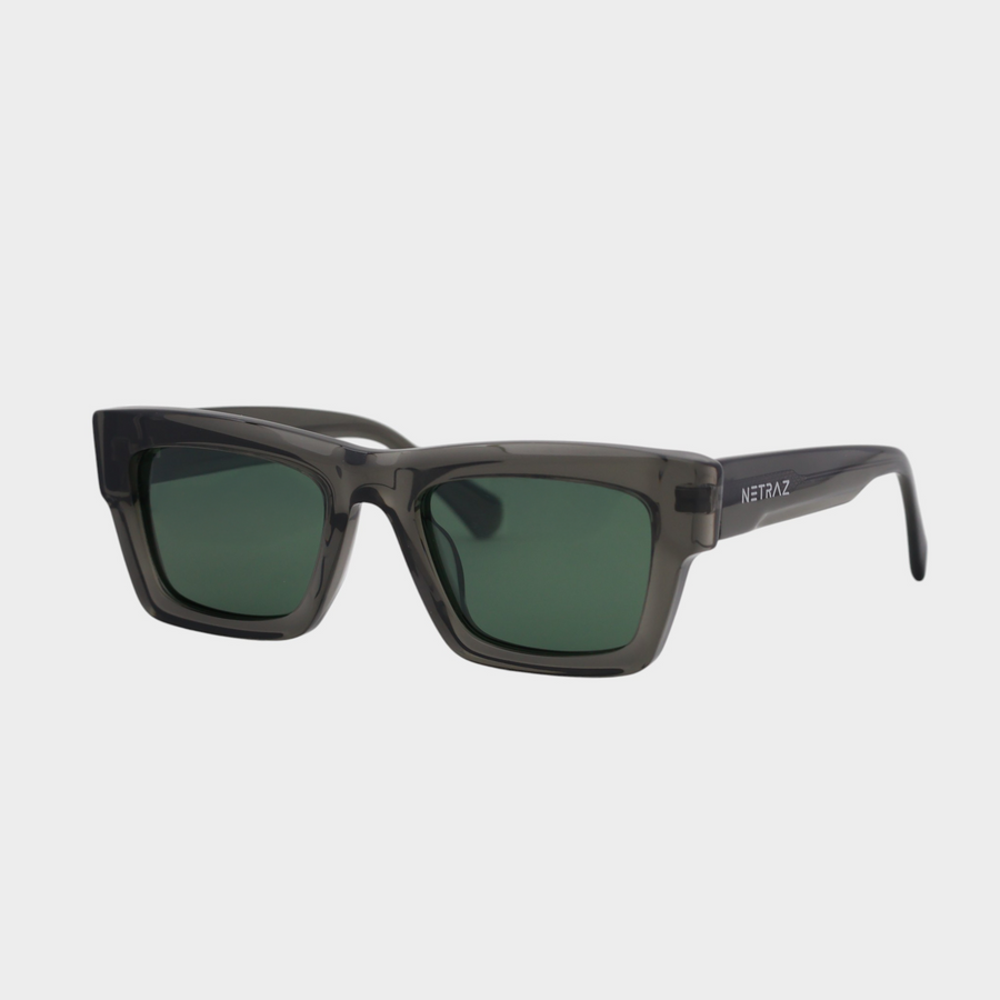 NETRAZ NZ3384 Italian Acetate Frame Square Sunglasses With Grey Frame And Green Lens Angle View