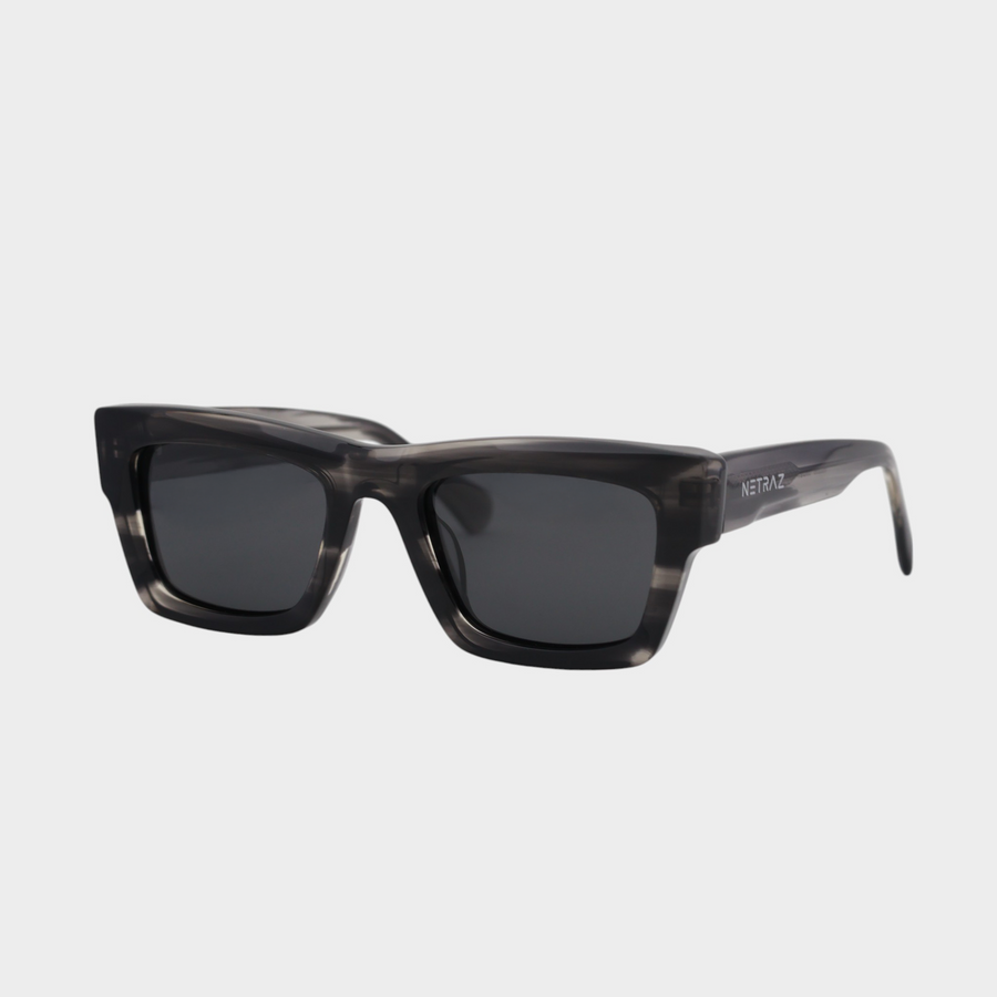 NETRAZ NZ3384 Italian Acetate Frame Square Sunglasses With Grey Stripe Frame And Black Lens Angle View