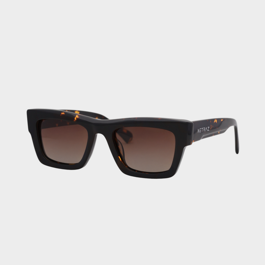 NETRAZ NZ3384 Italian Acetate Frame Square Sunglasses With Tortoiseshell Frame And Brown Lens Angle View