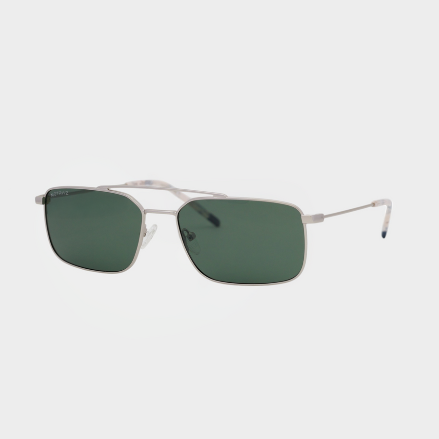 NETRAZ NZ3518 Green Rectangle Sunglasses With Silver Frame And Green Lens Angle View