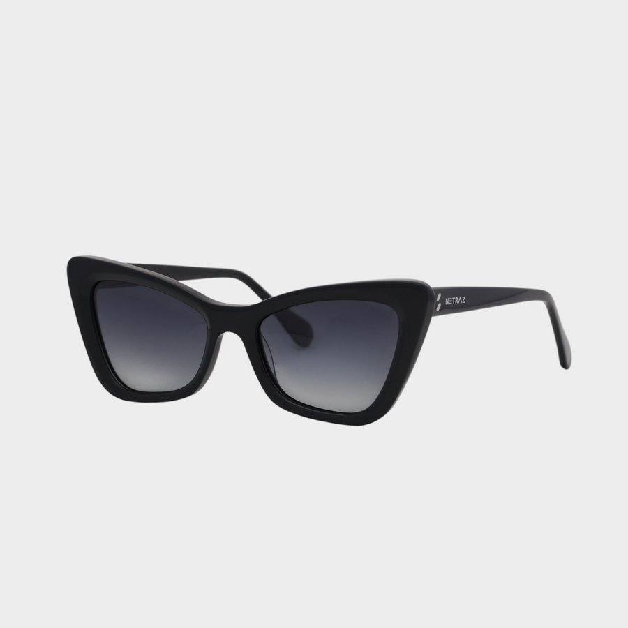 NETRAZ NZ4228 Black Cat Eye Sunglasses With Black Frame And Black Gradient Lens Angle View