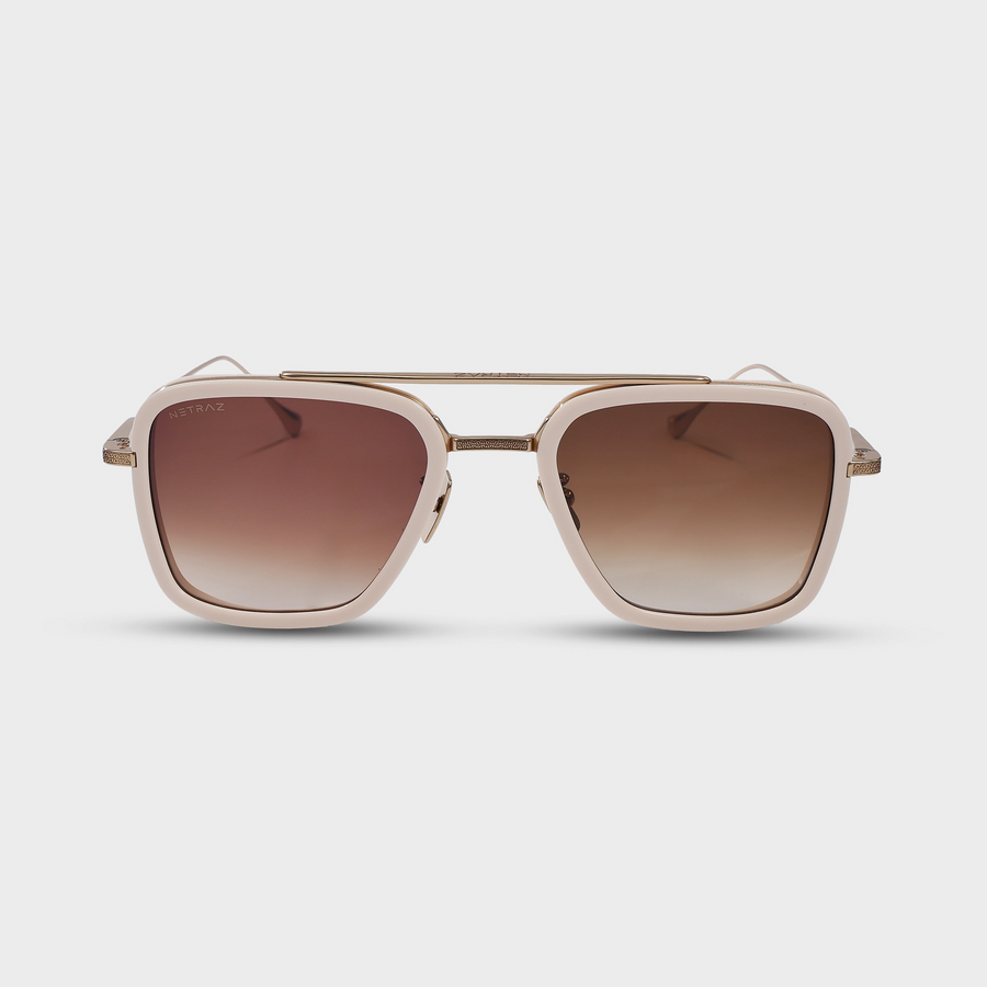 NETRAZ NZ3001 Horizon Amber Dusk Square Aviator White Gold Titanium Sunglasses With Ivory Frame And Brown Gradient Lens Front View