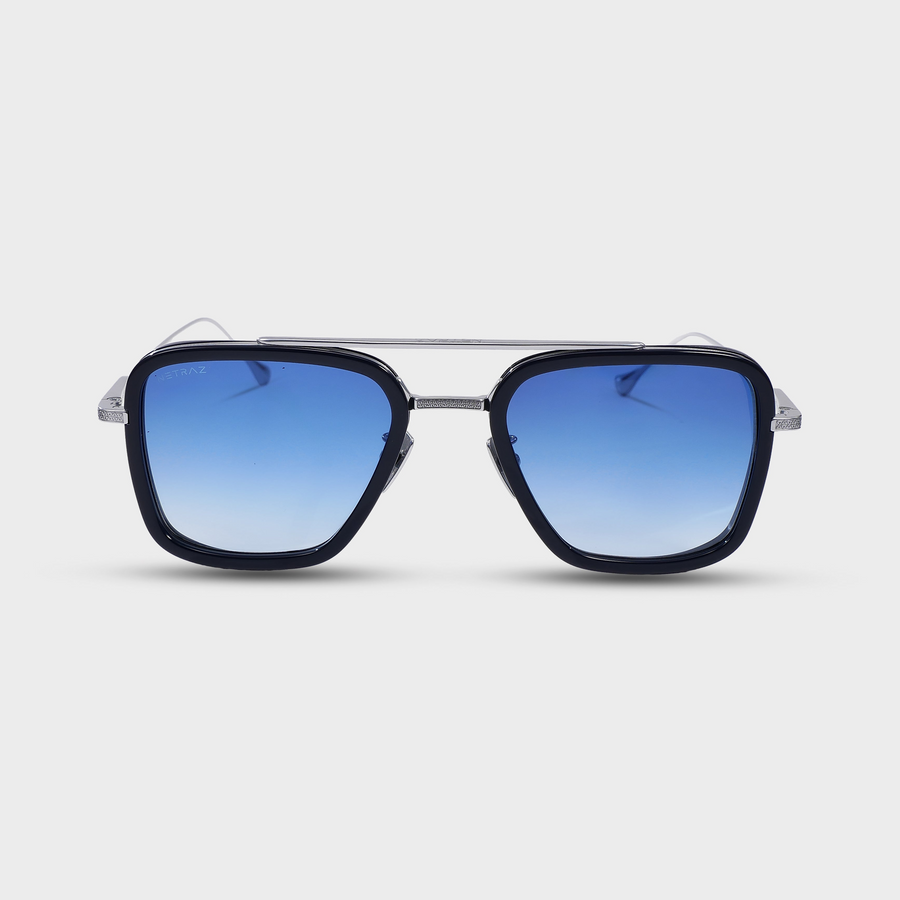 NETRAZ NZ3001 Horizon Azure Square Aviator Silver Titanium Sunglasses With Navy Blue Frame And Blue Gradient Lens Front View