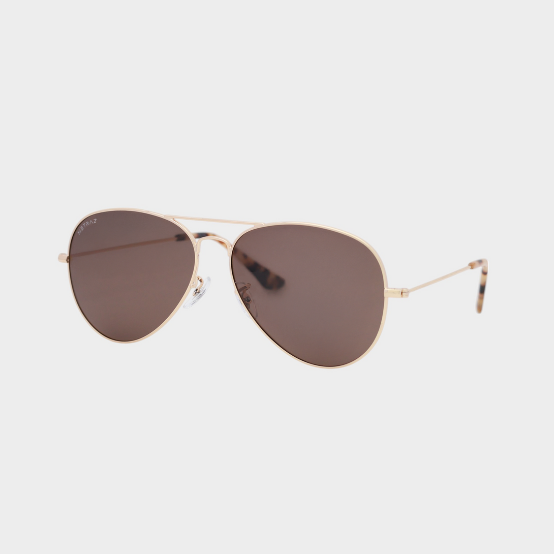 NETRAZ NZ1001 Brown Aviator Sunglasses With Pilot Gold Frame And Brown Lens Angle View