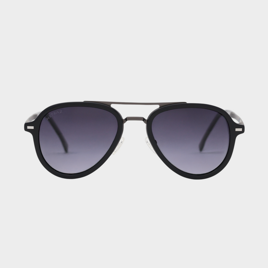 NETRAZ NZ1049 Aviator Midnight Gradient Sunglasses With Pilot Grey And Black Frame And Midnight Lens Front View