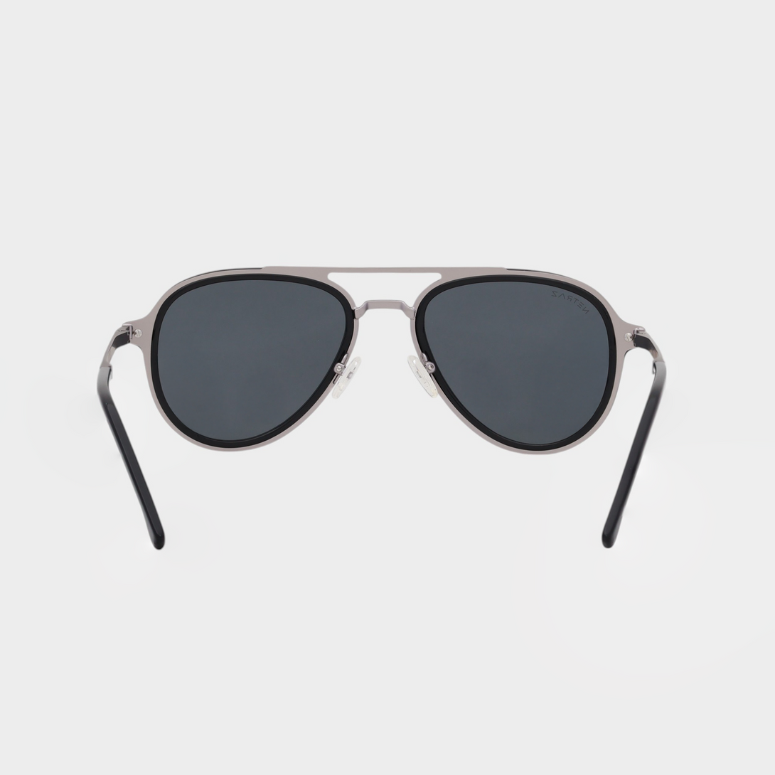 NETRAZ NZ1049 Black Aviator Sunglasses With Pilot Silver And Black Frame And Black Lens Back View