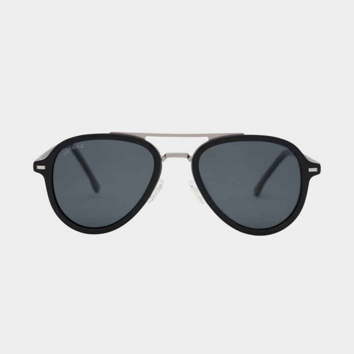 NETRAZ NZ1049 Black Aviator Sunglasses With Pilot Silver And Black Frame And Black Lens Front View