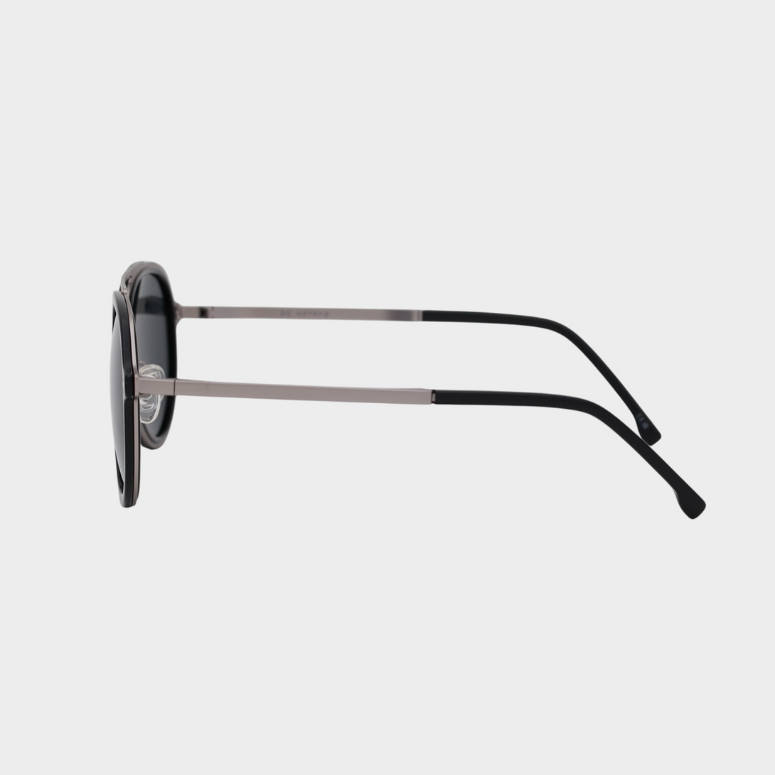 NETRAZ NZ1049 Black Aviator Sunglasses With Pilot Silver And Black Frame And Black Lens Side View