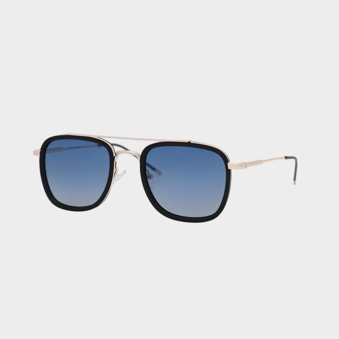 NETRAZ NZ3049 Square Aviator Sunglasses With Gold And Black Frame And Blue Lens Angle View