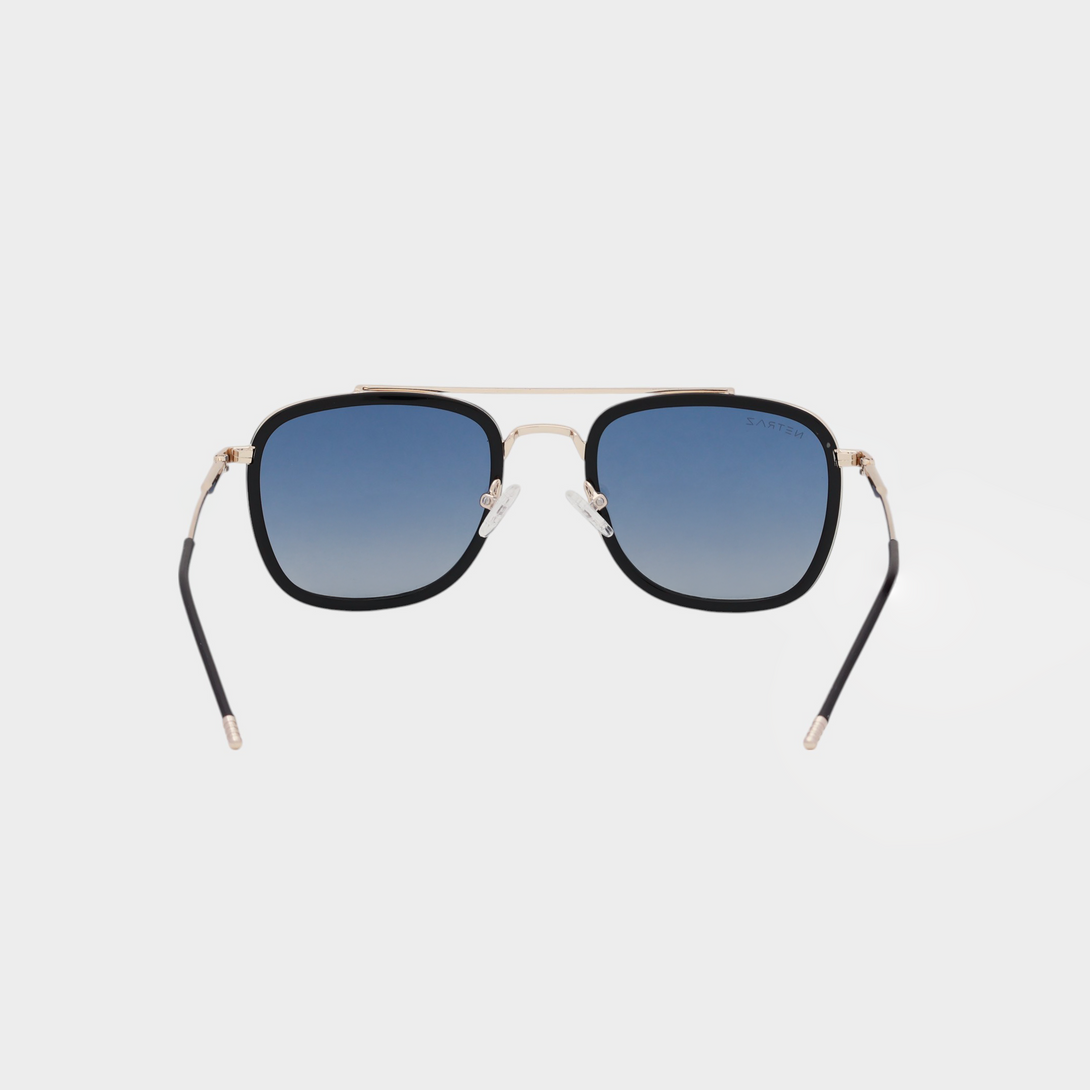 NETRAZ NZ3049 Square Aviator Sunglasses With Gold And Black Frame And Blue Lens Back View
