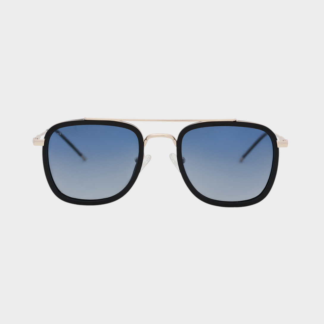 NETRAZ NZ3049 Square Aviator Sunglasses With Gold And Black Frame And Blue Lens Front View