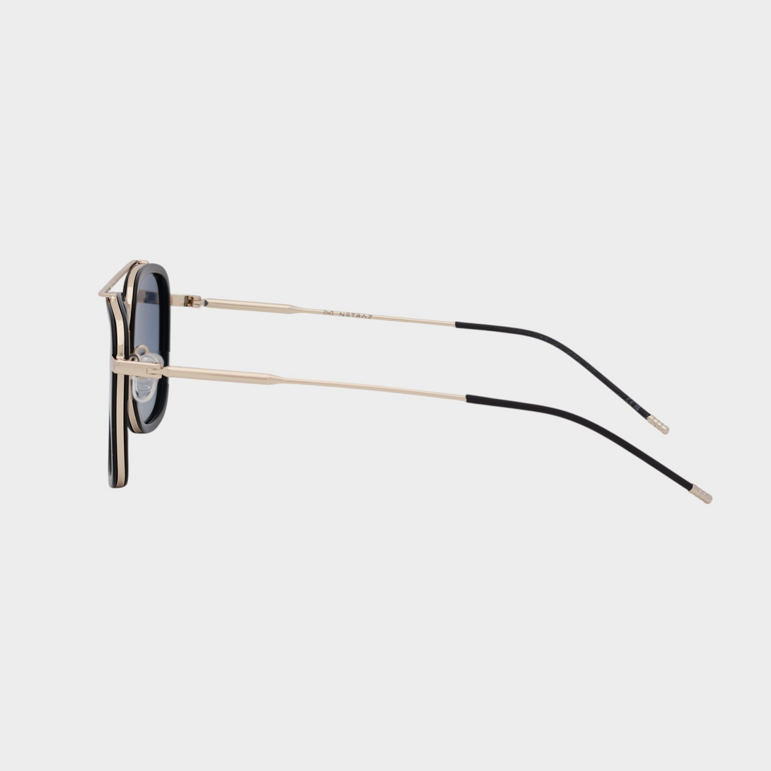 NETRAZ NZ3049 Square Aviator Sunglasses With Gold And Black Frame And Blue Lens Side View