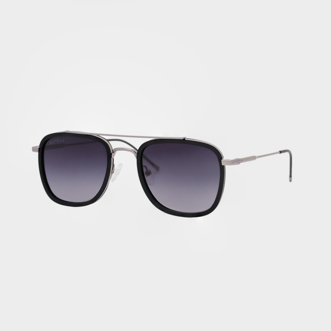 NETRAZ NZ3049 Square Aviator Sunglasses With Silver And Black Frame And Midnight Gradient Lens Angle View
