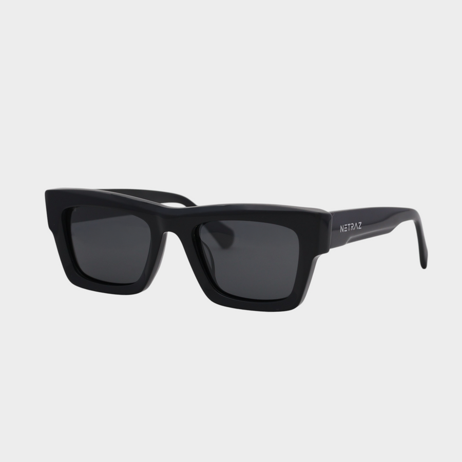 NETRAZ NZ3384 Italian Acetate Frame Square Sunglasses With Black Frame And Black Lens Angle View