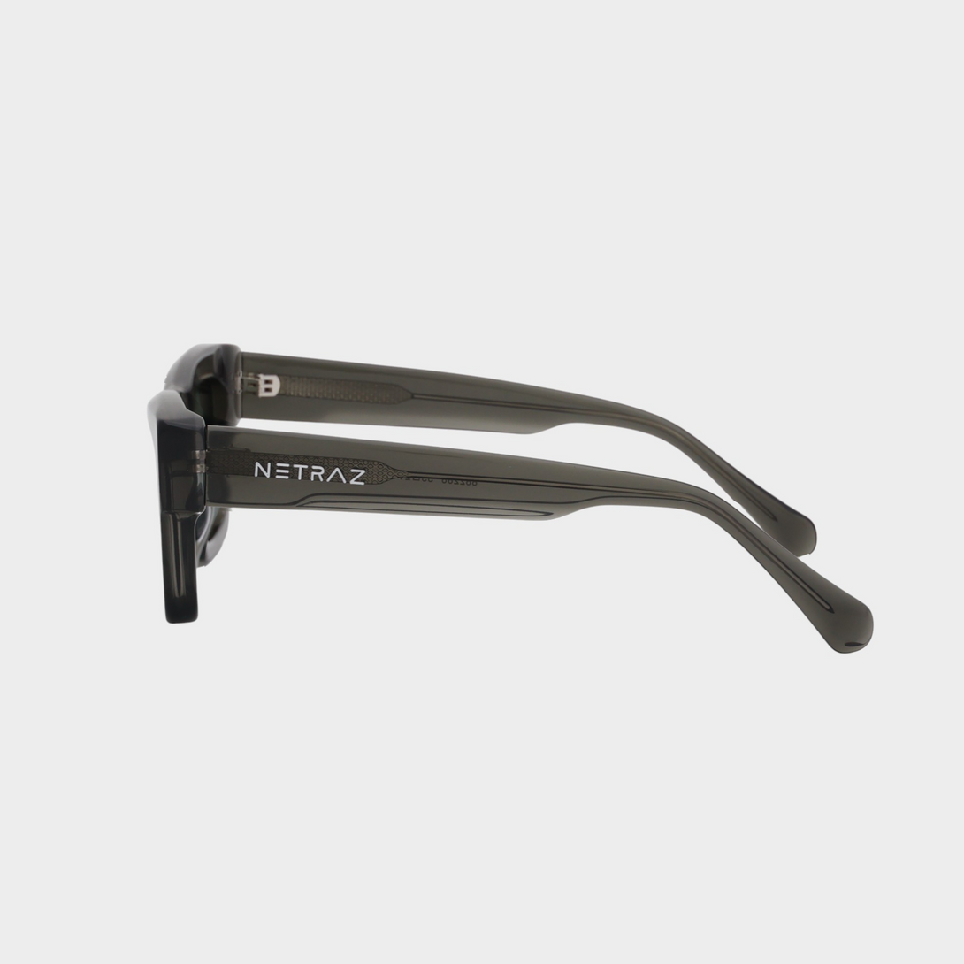 NETRAZ NZ3384 Italian Acetate Frame Square Sunglasses With Grey Frame And Green Lens Left View
