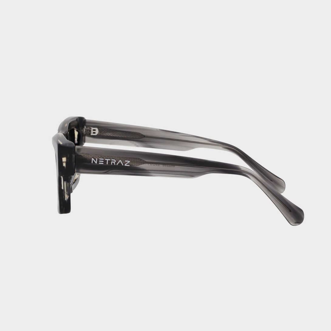 NETRAZ NZ3384 Italian Acetate Frame Square Sunglasses With Grey Stripe Frame And Black Lens Left View