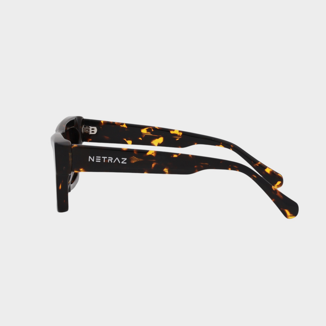 NETRAZ NZ3384 Italian Acetate Frame Square Sunglasses With Tortoiseshell Frame And Brown Lens Left View
