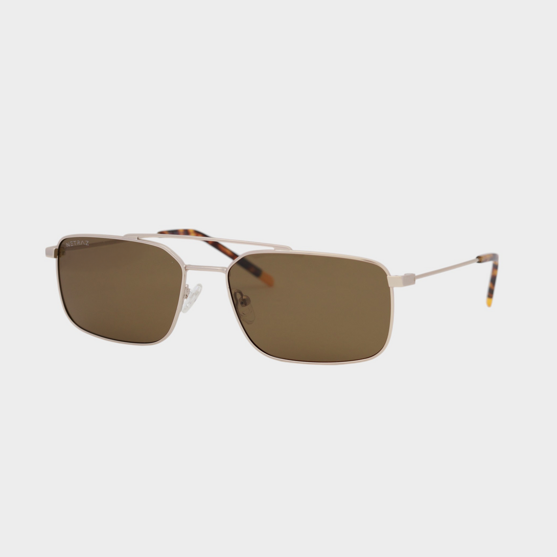 NETRAZ NZ3518 Black Rectangle Sunglasses With Gold Frame And Brown Lens Angle View