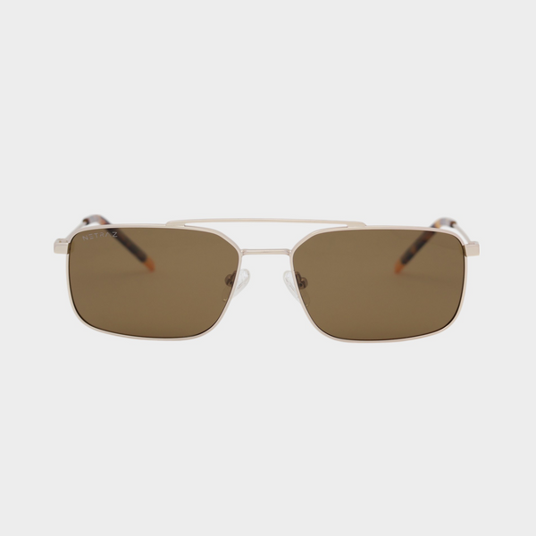 NETRAZ NZ3518 Black Rectangle Sunglasses With Gold Frame And Brown Lens Front View