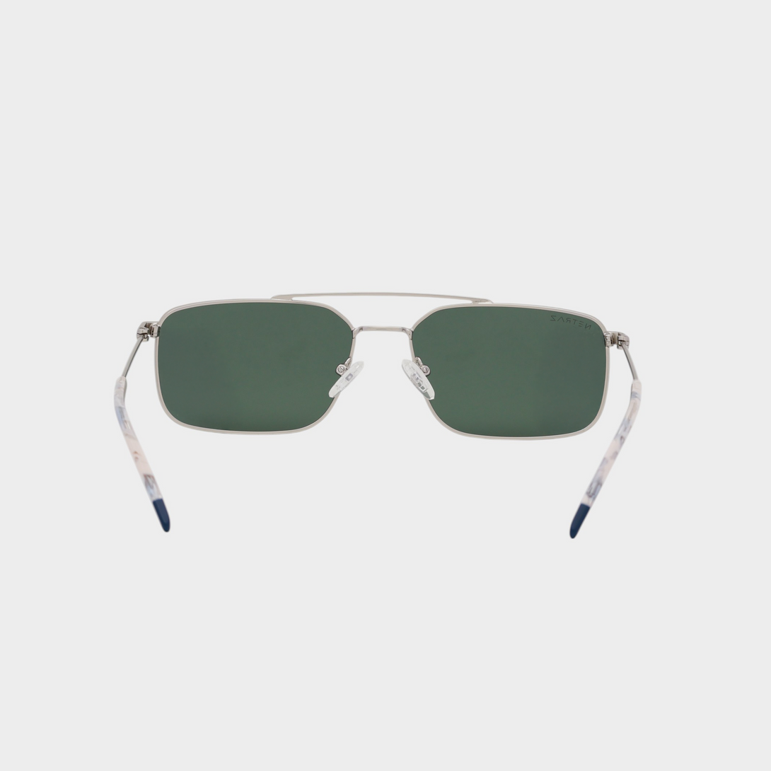 NETRAZ NZ3518 Green Rectangle Sunglasses With Silver Frame And Green Lens Back View