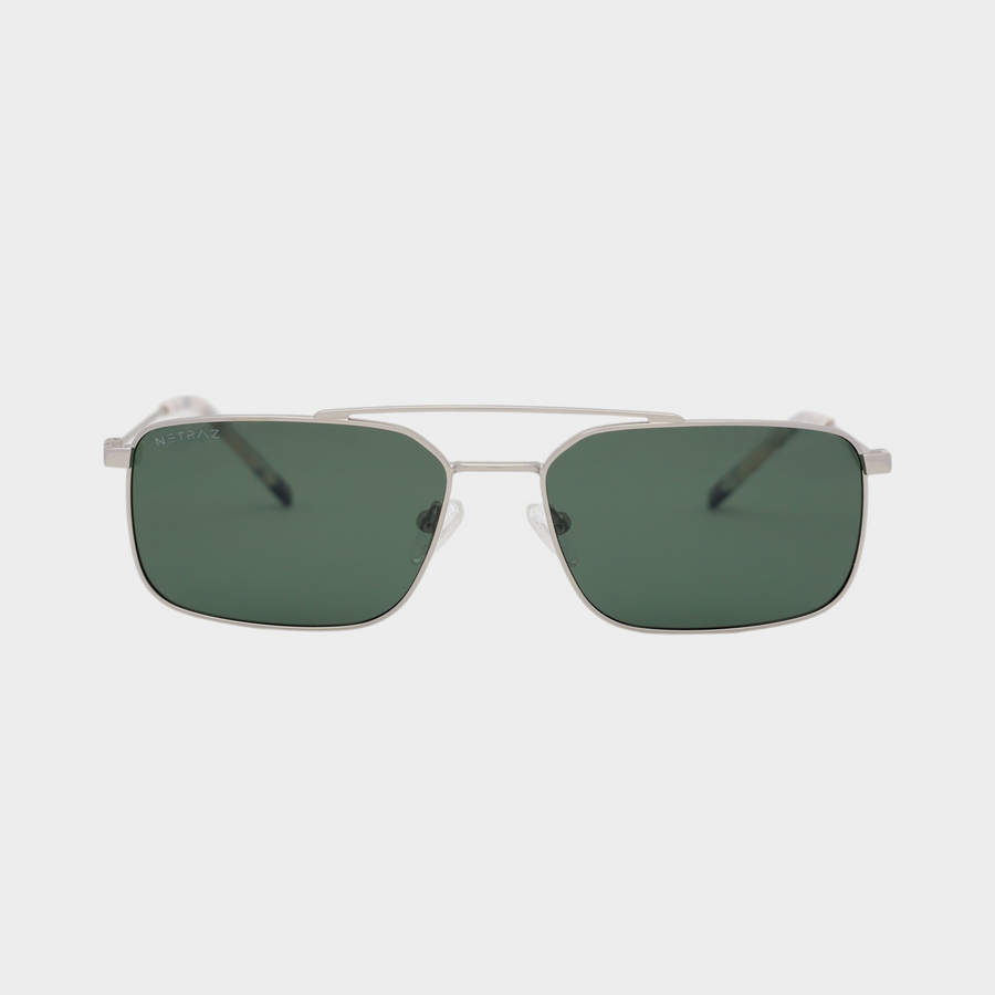 NETRAZ NZ3518 Green Rectangle Sunglasses With Silver Frame And Green Lens Front View