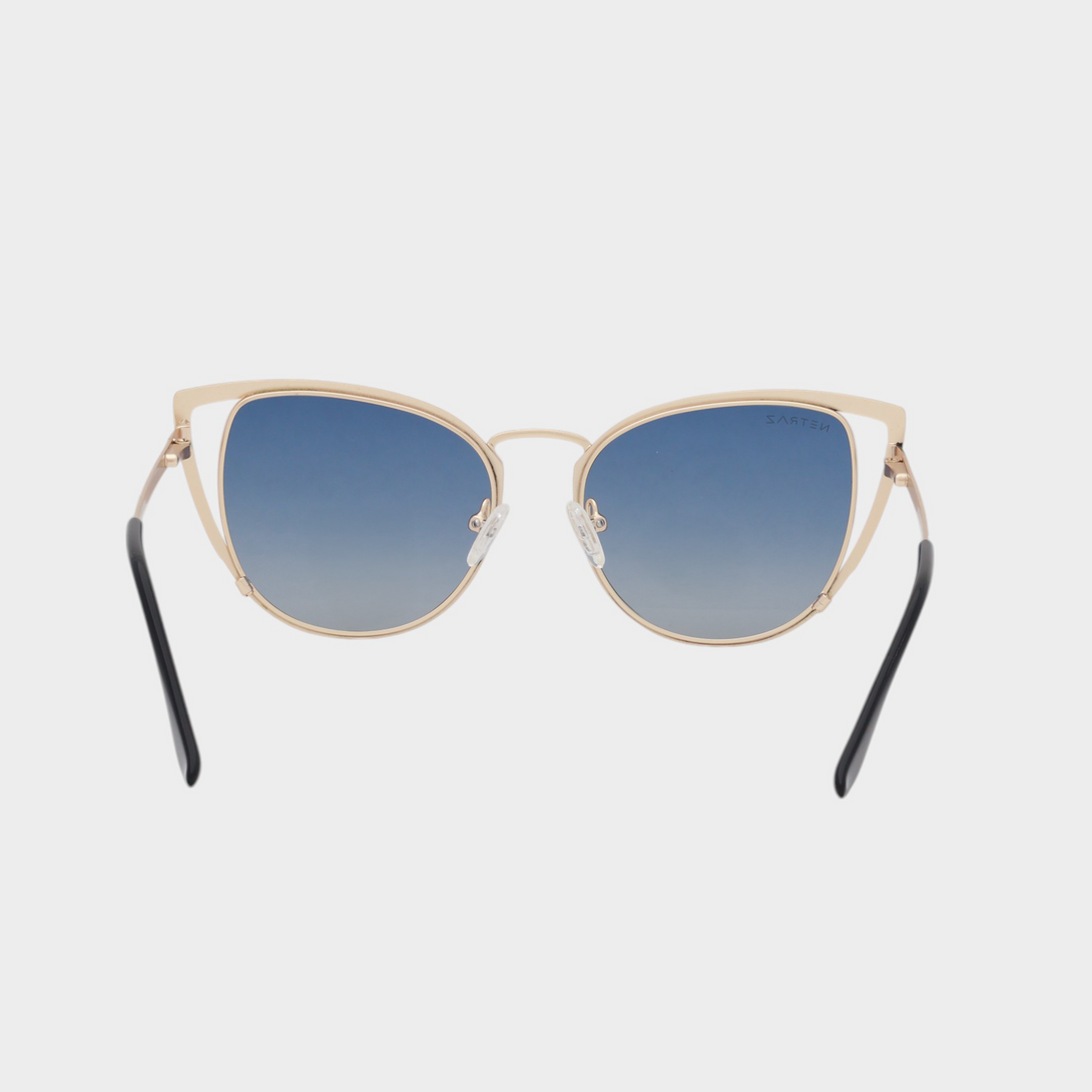 NETRAZ NZ4186 Blue Cat Eye Sunglasses With Gold and Black Frame And Blue Lens Back View