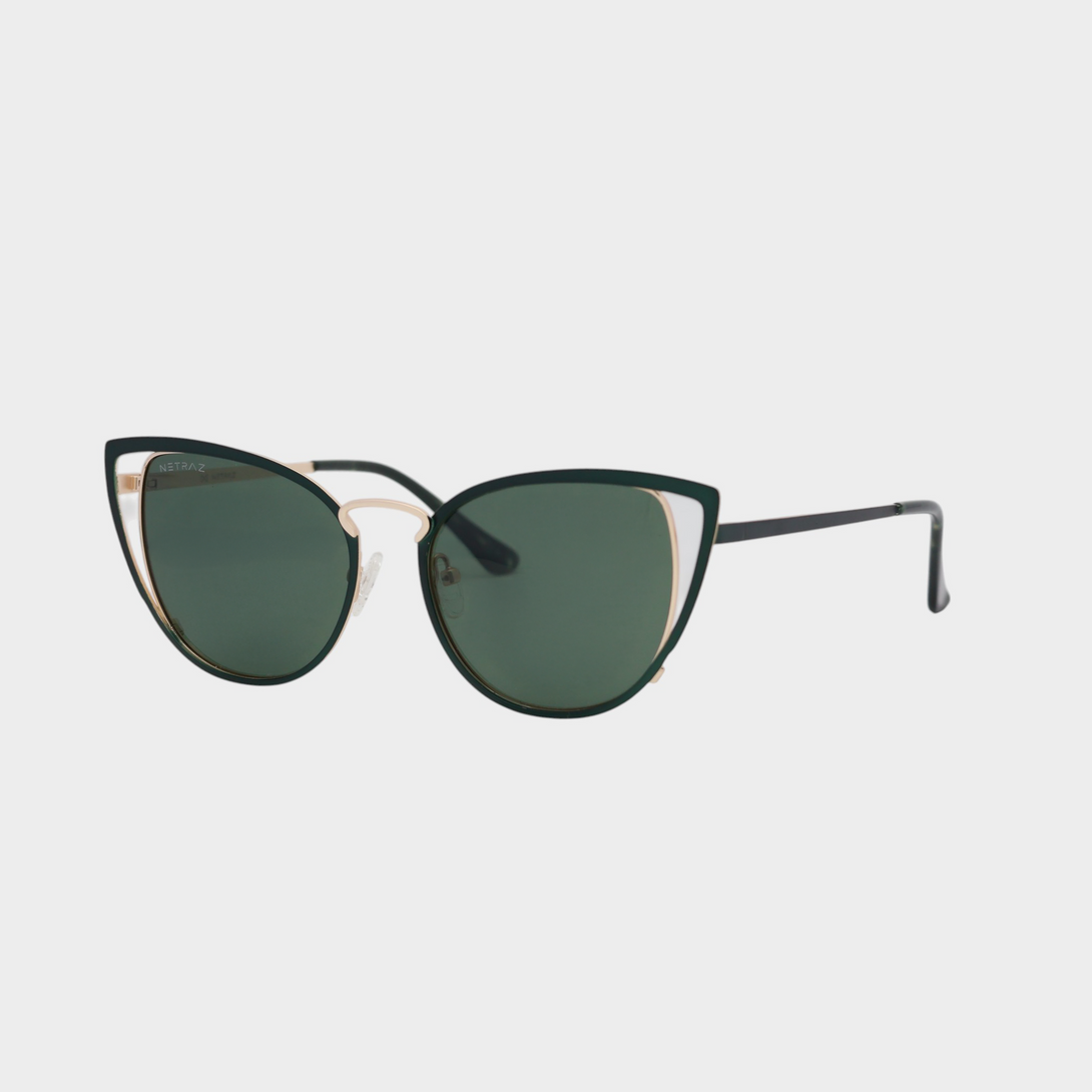NETRAZ NZ4186 Green Cat Eye Sunglasses With Gold and Green Frame And Green Lens Angle View